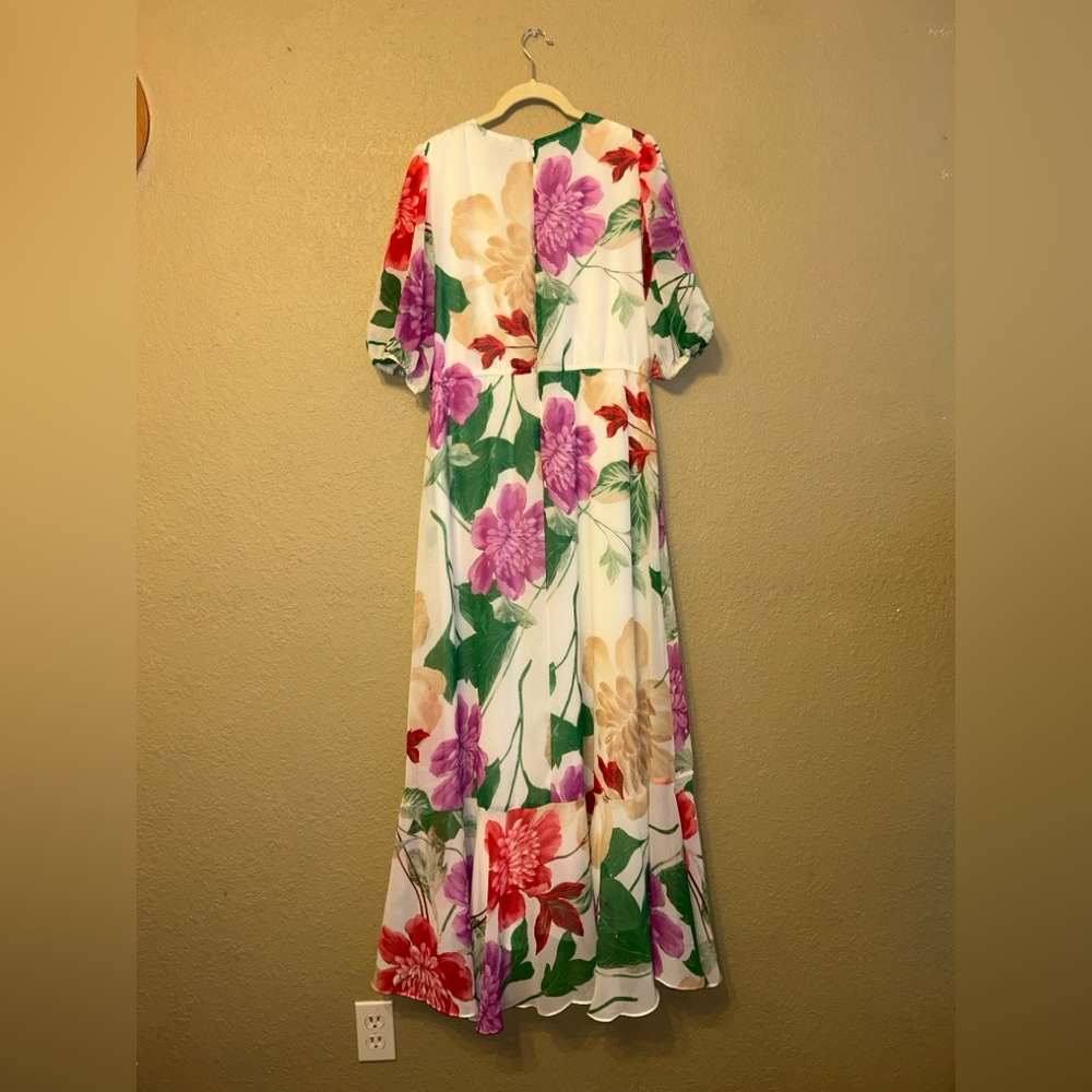 Maison Tara Floral Asymmetric Ruffle Faux-Wrap Maxi Dress Size 14 - Picture 2 of 5